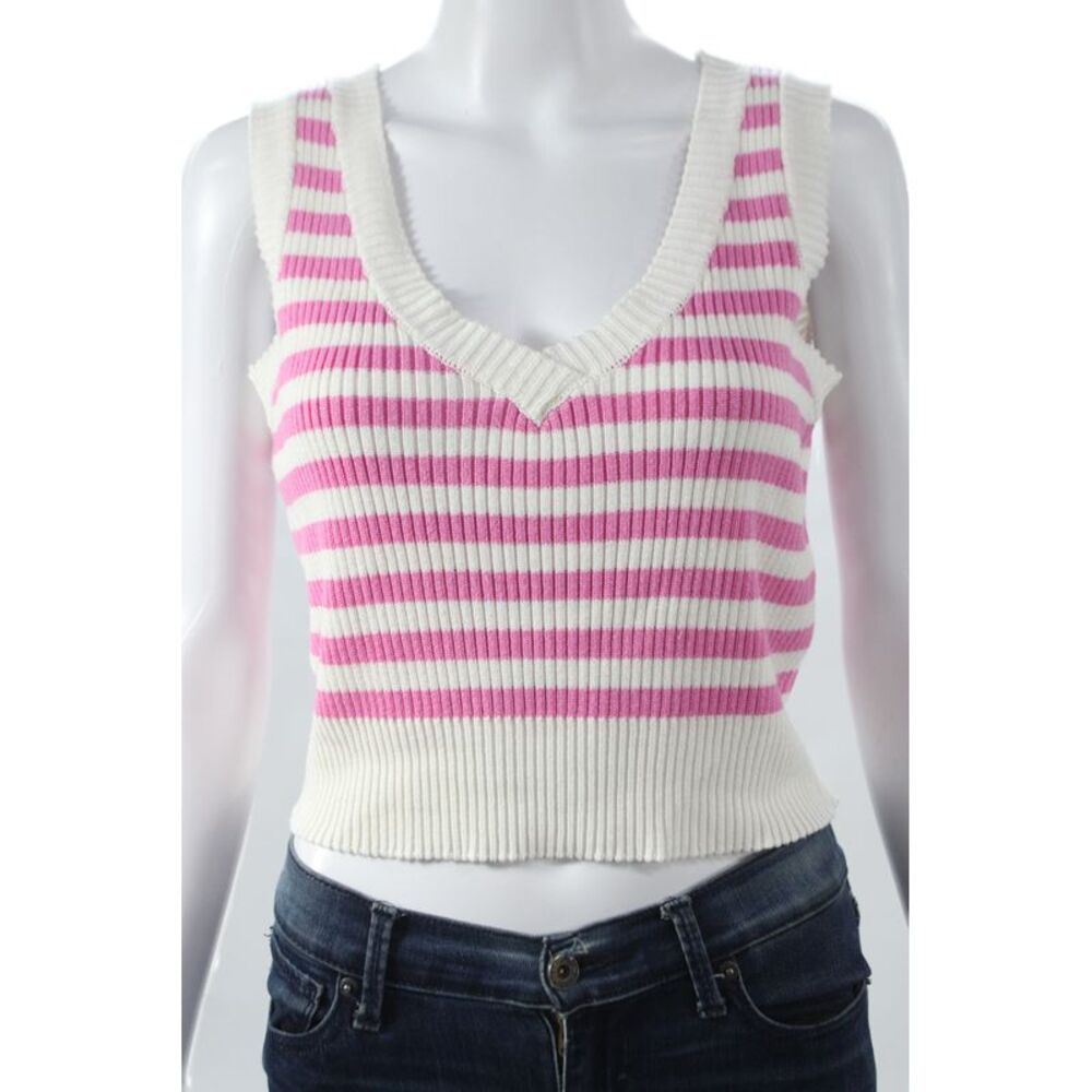 Central Park West Womens Cropped Striped V-Neck Sleeveless Tank Pink Size M